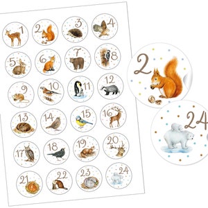 May include: A set of 24 round stickers featuring woodland animals and numbers 1 through 24. The stickers are white with brown polka dots and feature a variety of animals, including a deer, squirrel, hedgehog, owl, rabbit, fox, bear, woodpecker, mouse, bird, penguin, badger, mole, chickadee, and polar bear.