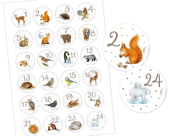 May include: A set of 24 round stickers featuring woodland animals and numbers 1 through 24. The stickers are white with brown polka dots and feature a variety of animals, including a deer, squirrel, hedgehog, owl, rabbit, fox, bear, woodpecker, mouse, bird, penguin, badger, mole, chickadee, and polar bear.