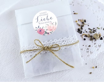 TÜTEN SET Blüten Samen: 24 Sticker "Lasst unsere Liebe wachsen" Blüten rosa rot grün weiß + 24 Flachbeutel • Hochzeit Taufe Gastgeschenk