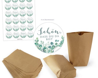 Papiertüten Set: Schön, dass du da bist Eukalyptus grün •  24 Sticker + 24 Papiertüten 14x22 cm Gastgeschenk Hochzeit Geburtstag Taufe