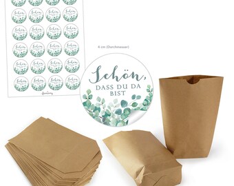 Paper bags set: Nice that you are here eucalyptus green • 24 stickers + 24 paper bags 14 x 22 cm Guest gift wedding birthday baptism