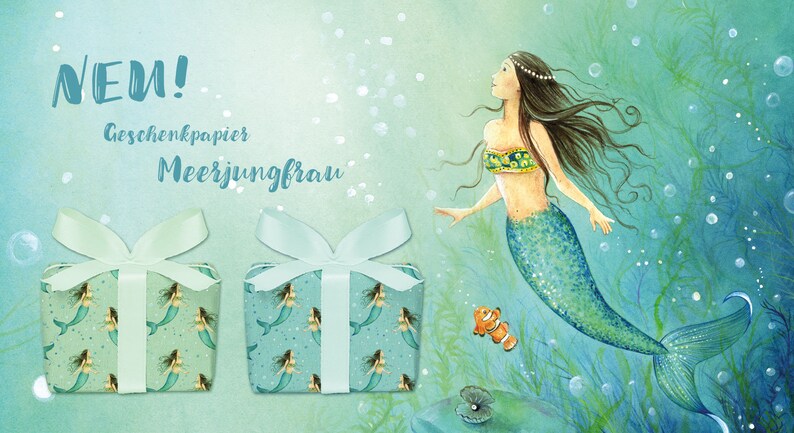 May include: Two gift boxes wrapped in blue and green mermaid-themed wrapping paper. The boxes are tied with white ribbon. A mermaid with long brown hair swims in the background. The text "NEW! Geschenkpapier Meerjungfrau" is written on the top of the image.