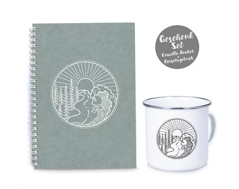 Geschenk-Set: Reisetagebuch + Emaille-Tasse-Becher VANLIFE grün weiß Sonne Meer Welle Wald DIY Tagebuch, Fotobuch, Notizen, Reise