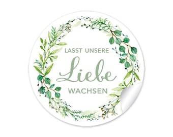 Geschenkaufkleber zur Hochzeit "Lasst unsere Liebe wachsen " Kranz Grün 24 Sticker DIY Hochzeitsdekoration von Geschenken, Tüten, Samen