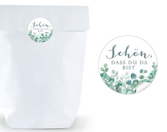 Geschenktüten Set: 24 Sticker Eukalyptus grün + 24 Papiertüten 17x26 cm Gastgeschenk Hochzeit Geburtstag Ostern Taufe Konfirmation Kommunion