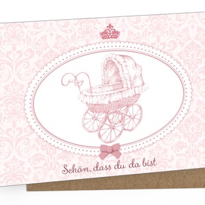 Baby Grußkarte karte zur Bekanntgabe einer Geburt als Geschenk, Babykarte A6 mit Umschlag Motiv: KINDERWAGEN Rosa