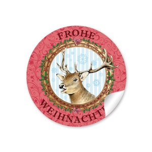 Weihnachtsaufkleber zur Weihnachtsdekoration von Geschenken, 24 Sticker "Hirsch Frohe Weihnachten" Rot