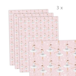 Könnte beinhalten: Drei Blätter rosa Geschenkpapier mit einem sich wiederholenden Muster aus Ballerinas in weißen Tüllröcken und Schneeflocken. Der Text "3x" ist oben rechts gedruckt.