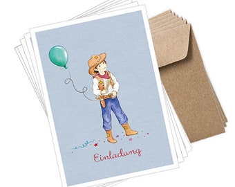 Postkarten Set zum Geburtstag als Glückwunschkarte oder Einladungskarte "Einladung" 6er Set mit Umschlag Motiv: Cowboy