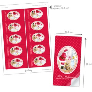 Può includere: Un foglio di 10 adesivi rossi di Natale con un'illustrazione di Babbo Natale e il testo "Frohe Weihnachten und ein glückliches Neues Jahr" (Buon Natale e un felice Anno Nuovo). Ogni adesivo misura 9,6 cm per 5,1 cm.