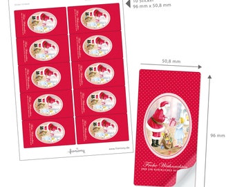 Può includere: Un foglio di 10 adesivi rossi di Natale con un'illustrazione di Babbo Natale e il testo "Frohe Weihnachten und ein glückliches Neues Jahr" (Buon Natale e un felice Anno Nuovo). Ogni adesivo misura 9,6 cm per 5,1 cm.
