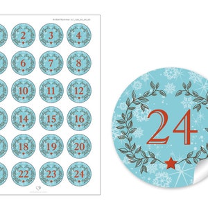 Christmas stickers Advent calendar numbers for Christmas decoration of gifts and Advent calendars 24 stickers motif: Wreath Blue
