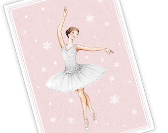Postkarte zu Weihnachten Illustration BALLERINA SCHNEEFLOCKEN rosa