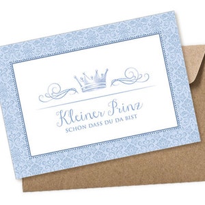 Baby Postkarte zur Bekanntgabe einer Geburt als Geschenk, Babykarte A6 mit Umschlag Motiv: Krone • Blau