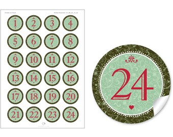 Weihnachtsaufkleber Adventskalenderzahlen zur Weihnachtsdekoration von Geschenken und Adventskalener 24 Sticker Motiv: ORNAMENTE Grün