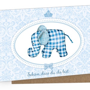 Baby Grußkarte karte zur Bekanntgabe einer Geburt als Geschenk, Babykarte A6 mit Umschlag Motiv:  ELEFANT Blau