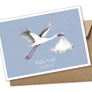 Baby Postkarte zur Bekanntgabe einer Geburt als Geschenk, Babykarte A6 mit Umschlag Motiv: STORCH mit BABY • Blau
