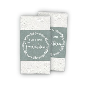 Freudentränen Taschentücher Banderole + Klebepunkte zum verschließen - Kranz weiß Kraftpapier Look GRÜN für Gastgeschenke Kirche Trauung