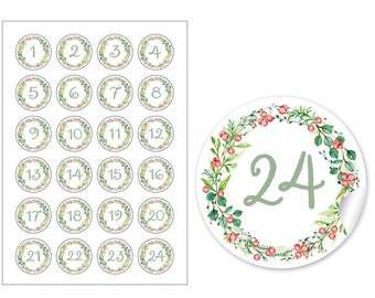 Weihnachtsaufkleber Adventskalenderzahlen zur Weihnachtsdekoration von Geschenken und Adventskalender 24 Sticker Motiv: Blütenkranz