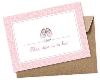 Baby Postkarte SCHÜHCHEN zur Bekanntgabe einer Geburt als Geschenk, Babykarte A6 mit Umschlag