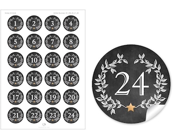 Weihnachtsaufkleber Adventskalenderzahlen zur Weihnachtsdekoration von Geschenken und Adventskalender 24 Sticker Motiv: Kranz Schwarz