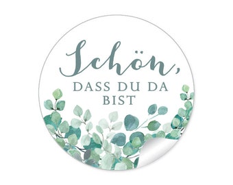 24 STICKER Geschenkaufkleber zur Hochzeit Schön, dass du da bist - Boho Style Zweige weiß grün Eukalyptus