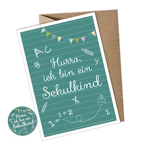 SET: 1 Postkarte + Button • Hurra, ich bin ein Schulkind GRÜN • Glückwunschkarte zur Einschulung