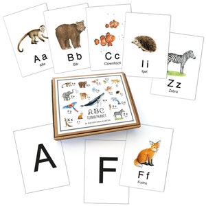 26 ABC Alphabet Karten WEIß Lernkarten Buchstaben Lernspiel Safari Zootiere Waldtiere Tiere • A6 Karten