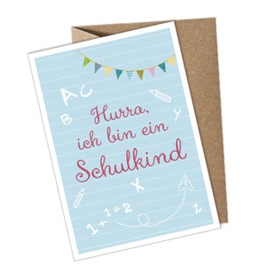 Postkarte + Umschlag Hurra, ich bin ein Schulkind BLAU Glückwunschkarte zum Schulanfang Schulkind