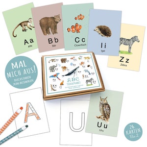 MAL MICH AUS! 26 Abc Alphabet Karten Lernkarten Buchstaben Lernspiel Safari Zootiere Waldtiere Tiere • A6 Karten