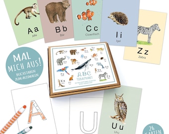 MAL MICH AUS! 26 Abc Alphabet Karten Lernkarten Buchstaben Lernspiel Safari Zootiere Waldtiere Tiere • A6 Karten