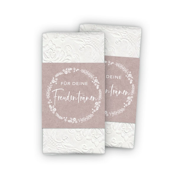 Freudentränen Taschentücher Banderole + Klebepunkte zum verschließen - Kranz weiß Kraftpapier Look ALT ROSA für Gastgeschenke Kirche Trauung