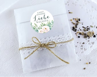 TÜTEN SET Blüten Samen: 24 Sticker Lasst unsere Liebe wachsen Eukalyptus Rosen weiß grün  + 24 Flachbeutel • Hochzeit Taufe Gastgeschenk