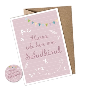 SET: 1 Postkarte + Button • Hurra, ich bin ein Schulkind ROSA • Glückwunschkarte zur Einschulung