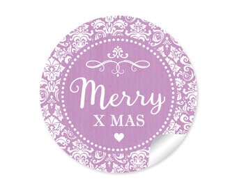 Weihnachtsaufkleber zur Weihnachtsdekoration von Geschenken, 24 Sticker mit Ornamenten "Merry X MAS" zu Weihnachten Lila