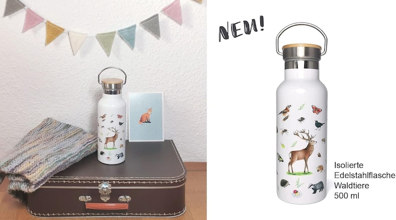 Pu&ograve; includere: Bottiglia d'acqua in acciaio inossidabile isolata di colore bianco con tappo in bamb&ugrave; e maniglia per il trasporto. La bottiglia presenta un design colorato di animali della foresta, tra cui un cervo, uccelli e un tasso. Il testo "NEW!" &egrave; visibile sullo sfondo. La bottiglia ha una capacit&agrave; di 500 ml.