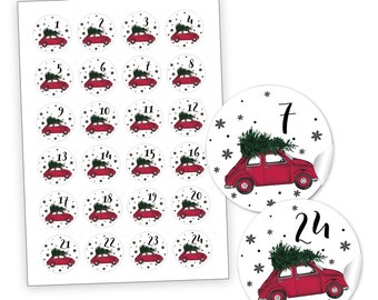 Adventskalenderzahlen AUTO & TANNENBAUM weiß rot grün schwarz 1-24 Weihnachtsaufkleber für Adventskalender zur Weihnachtsdekoration