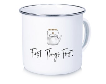 Taza de café esmaltada, tetera de barista, FIRST THINGS FIRST, taza de camping, regalo de Navidad, taza de café Vanlife