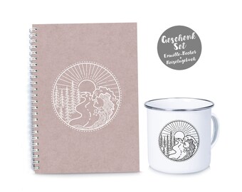 Geschenk-Set: Reisetagebuch + Emaille-Tasse-Becher VANLIFE rosa weiß Sonne Meer Welle Wald DIY Tagebuch, Fotobuch, Notizen, Reise