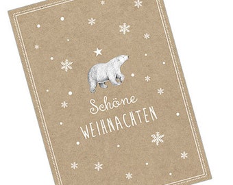 Postkarte zu Weihnachten Illustration EISBÄR SCHNEEFLOCKEN Schöne Weihnachten gedruckt auf original Kraftpapier braun