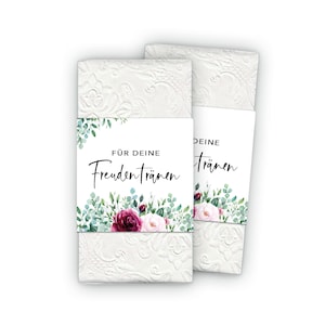Freudentränen Taschentücher Banderole + Klebepunkte zum verschließen - Hochzeit Eukalyptus Rosen rot weiß grün greenery Boho Gastgeschenke