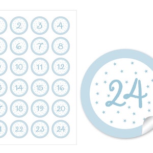 Christmas stickers Advent calendar numbers for Christmas decoration of gifts and Advent calendars 24 stickers motif: Stars light blue