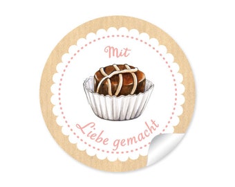 24 STICKER: "Mit Liebe gemacht" 24 Edle Etiketten mit liebevoll illustrierter Praline, Papieraufkleber für selbst gemachte Pralinen