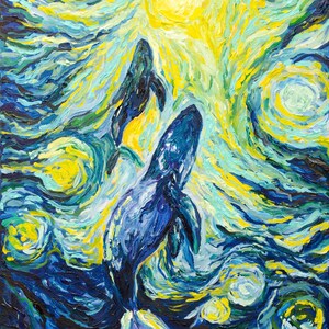 Whales original impressionistic oil painting, Van gogh inspired whales oil painting, Whales in the ocean painting, Whales oil painting