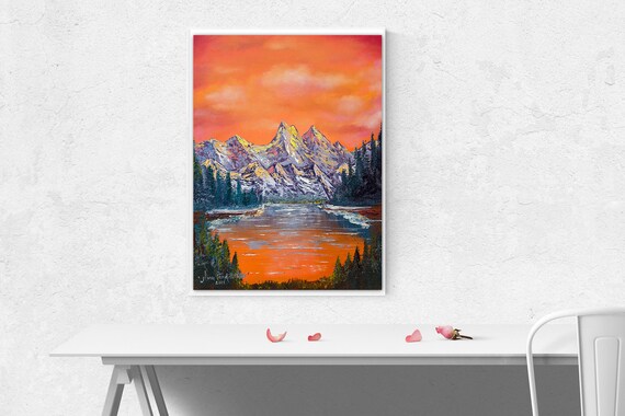 Mountains at Sunset Oil Painting: Original Landscape Art (15.7x11