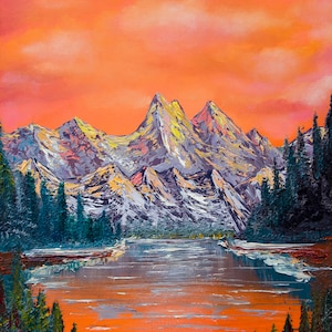 Mountains landscape at sunset original oil art painting, Mountains at sunset painting, Sunset in mountians oil painting, oil paintings