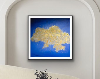 Impresión artística del mapa de Ucrania, abstracto dorado sobre azul (descarga digital)