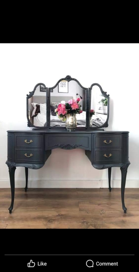 grey french dressing table Dark Grey Olympus Dressing Table, Vintage French Style, Tri-fold Mirror