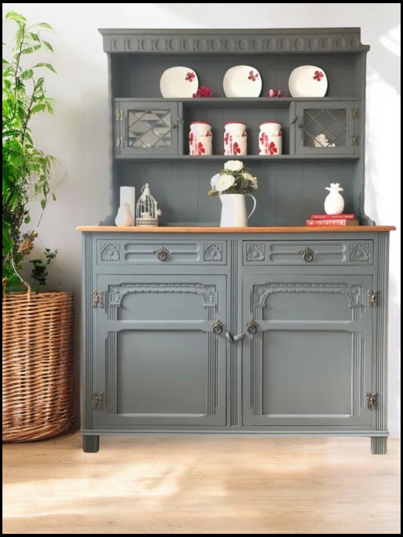 grey welsh dresser An Antique Pale Blue Welsh Kitchen Dresser or Hutch