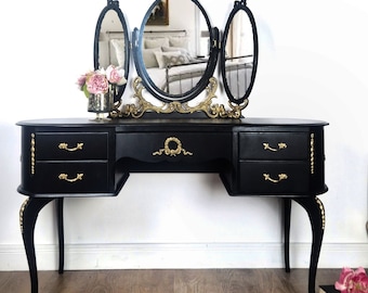 SOLD commission available, dressing table, black furniture,  bedroom furniture, vanity table, vintage,french furniture, vintage table, gold
